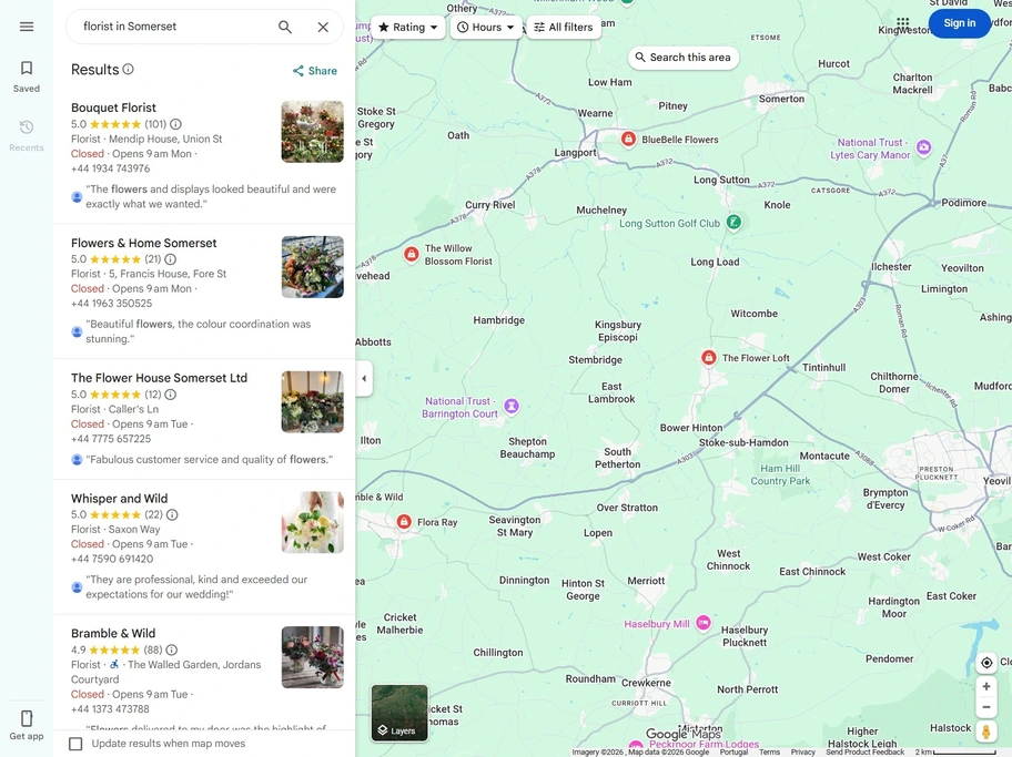 Google Map search results for 'florist in Somerset'